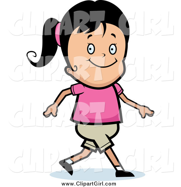 Clip Art of a Happy Black Haired Girl Walking and Smiling
