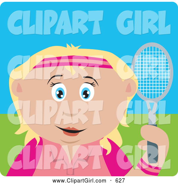 Clip Art of a Happy Blond Caucasian Girl Holding a Tennis Racket
