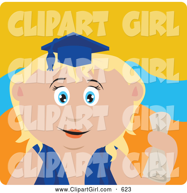 Clip Art of a Happy Blond Caucasian Graduating Girl Holding a Diploma