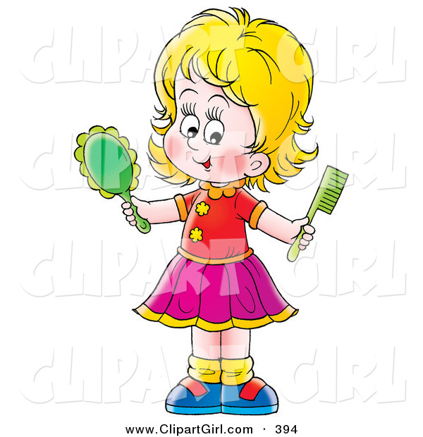 Clip Art of a Happy Blond Girl Holding a Hand Mirror and Comb