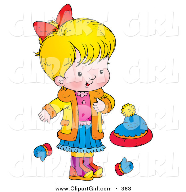 Clip Art of a Happy Blond Girl in a Coat, Standing by Mittens and a Hat