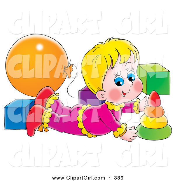Clip Art of a Happy Blond Girl Laying on Her Belly and Playing with Toys in a Nursery
