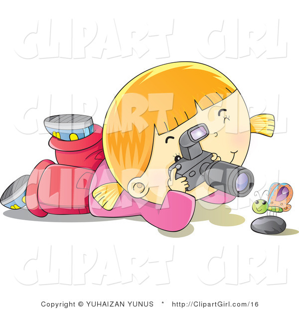 Clip Art of a Happy Blond Girl with a Camera Photographing a Butterfly over a Rock