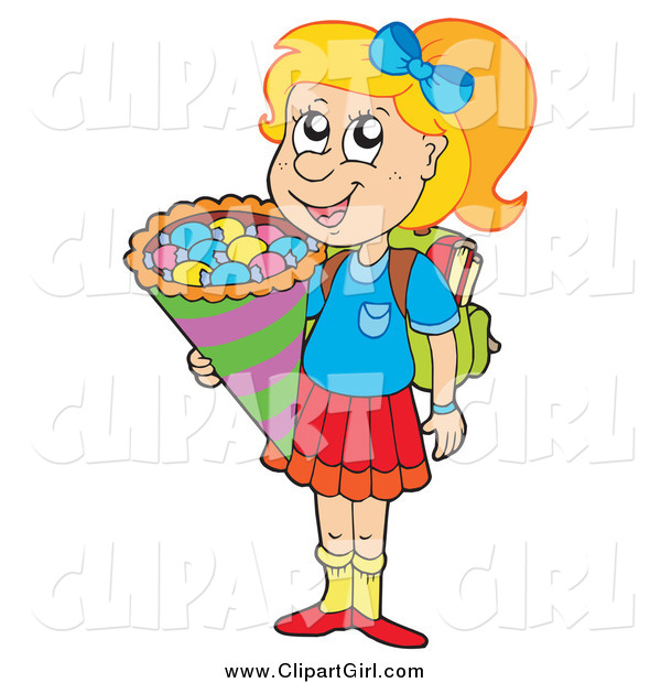 Clip Art of a Happy Blond White Girl on Her Way to School for the First Time