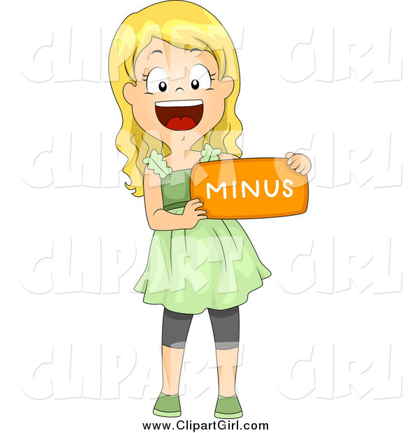 Clip Art of a Happy Blond White School Girl Holding a Minus Math Symbol