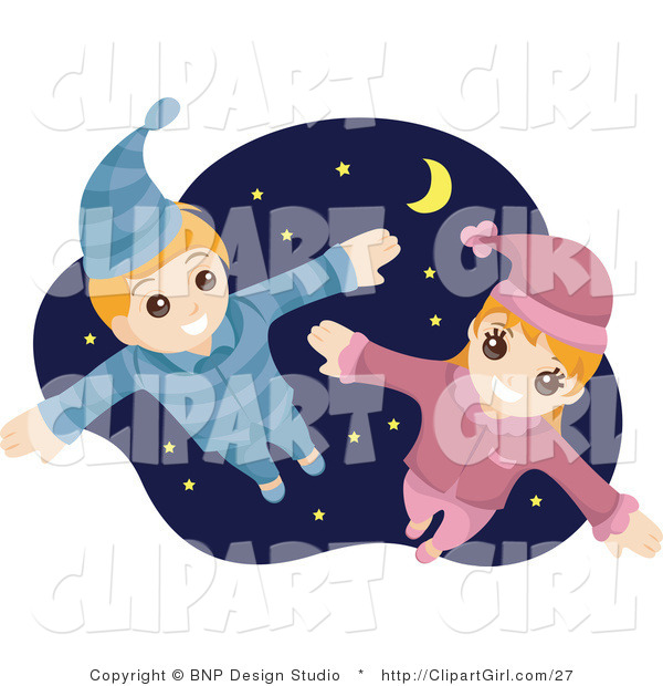 Clip Art of a Happy Boy and Girl Flying in Their Pajamas Against a Starry Nighttime Sky