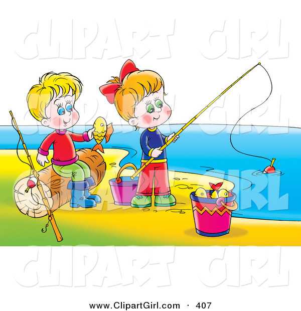 Clip Art of a Happy Boy and Girl Having Fun While Fishing on a Beach