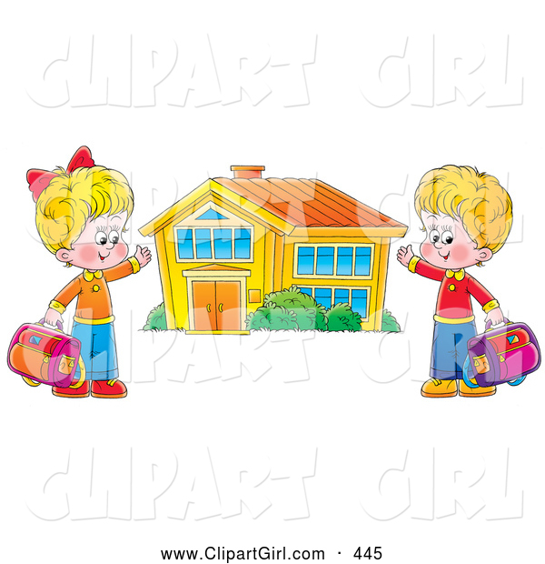 Clip Art of a Happy Boy and Girl Holding Their Bags and Presenting Their School Building