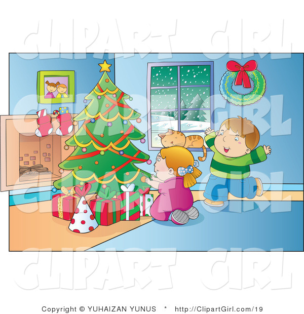 Clip Art of a Happy Boy and Girl Ready to Open Their Christmas Presents on a Winter Day