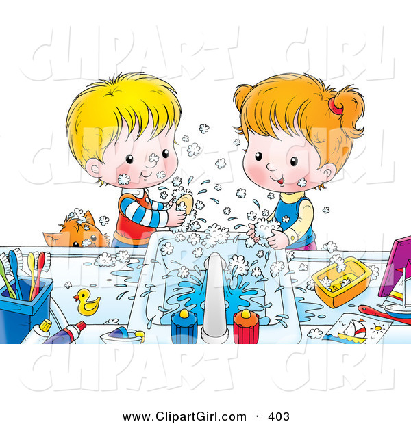 Clip Art of a Happy Brother and Sister Making a Mess While Washing Their Hands with Soap, a Cat Peeking over the Counter