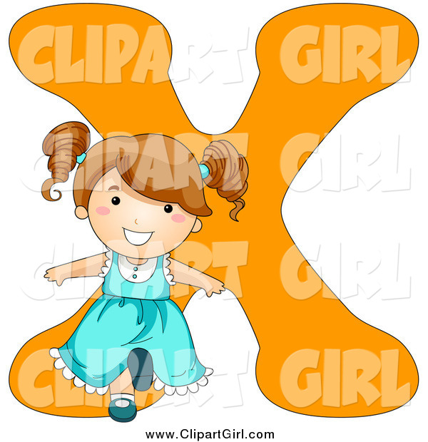 Clip Art of a Happy Brunette Caucasian Girl Leaning Back Against an Orange Letter X