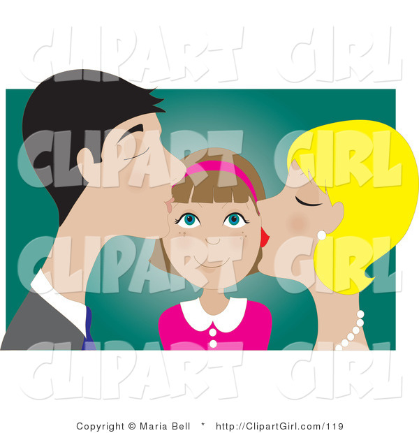 Clip Art of a Happy Brunette Girl Smiling As Her Blond Mother and Dark Haired Father Kiss Her on the Cheek