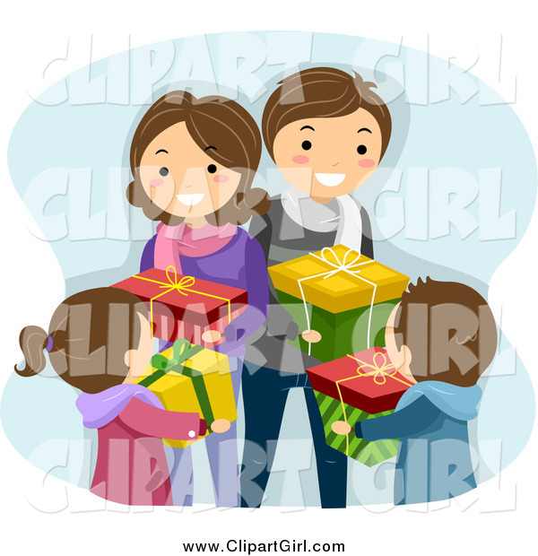 Clip Art of a Happy Caucasian Family Exchanging Christmas Gifts