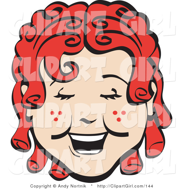 Clip Art of a Happy Curly Red Headed Girl with Freckles, Laughing Retro