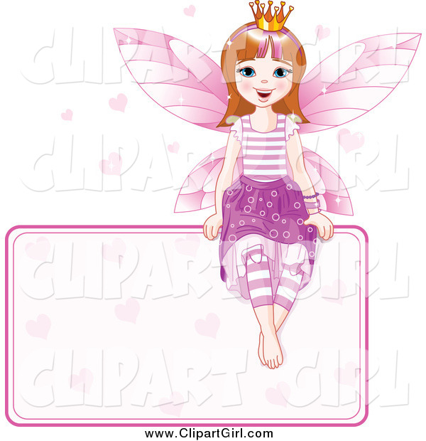 Clip Art of a Happy Fairy Princess Sitting on a Blank Sign with Hearts