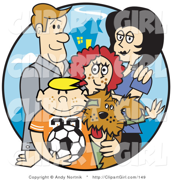 Clip Art of a Happy Family of Four with Their Dog and a Soccer Ball
