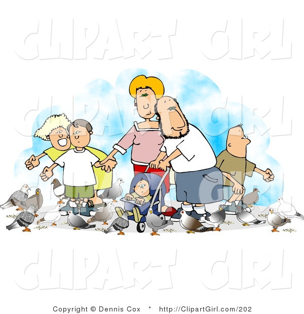 Clip Art of a Happy Family of Six Feeding Pigeons
