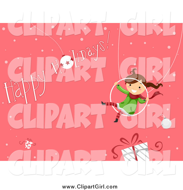 Clip Art of a Happy Girl Swinging over a Gift with a Happy Holidays Greeting on Pink
