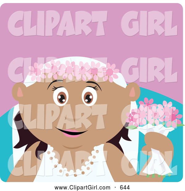 Clip Art of a Happy Hispanic Bride Woman Holding Flowers