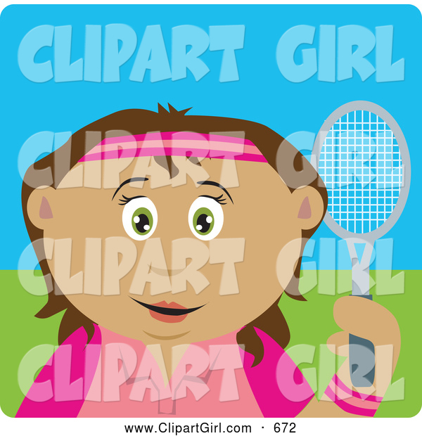 Clip Art of a Happy Hispanic Girl Holding a Tennis Racket