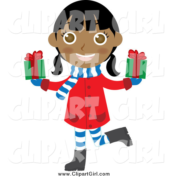 Clip Art of a Happy Indian Christmas Girl Holding Presents