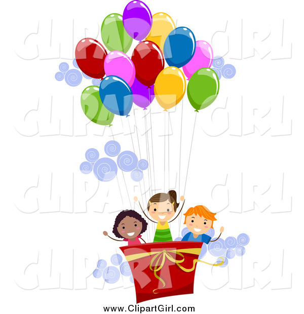 Clip Art of a Happy Kids in a Hot Air Balloon