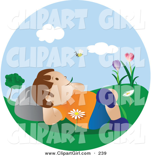 Clip Art of a Happy Little Caucasian Boy Lying in Flowers in the Grass in a Park, Chewing on Grass and Watching a Bee Fly past on a Pretty Spring Day