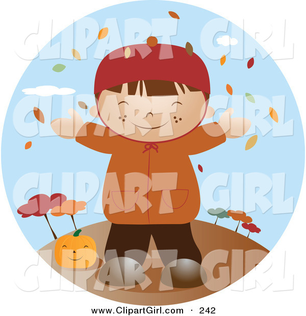 Clip Art of a Happy Little Caucasian Boy Wearing a Coat, Smiling and Holding His Arms out While Autumn Leaves Fall down from the Trees and Standing by a Pumpkin on a Breezy Fall Day