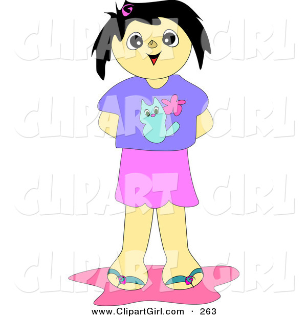 Clip Art of a Happy Little Tan Girl in a Pink Skirt and Purple Shirt with a Kitty Cat on It, Standing with Her Hands Behind Her Back