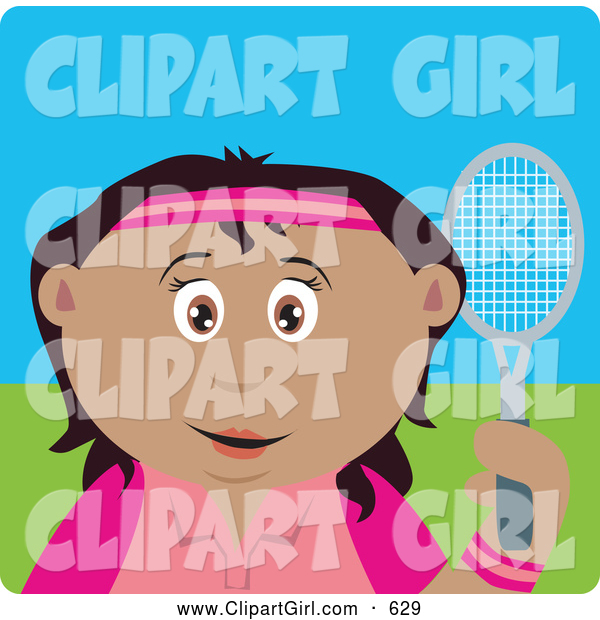Clip Art of a Happy Mexican Girl Holding a Tennis Racket