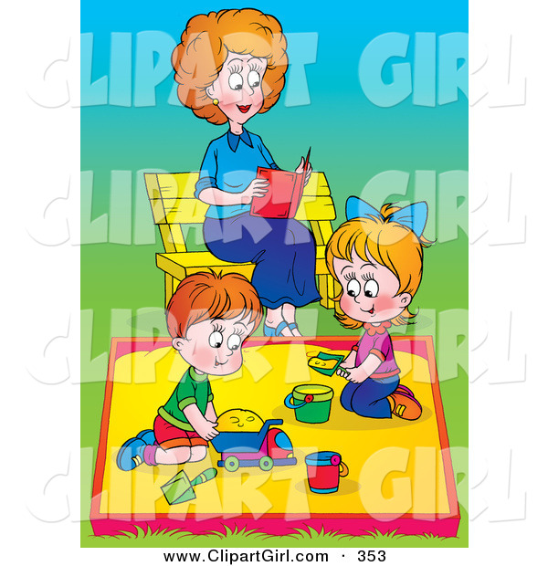 Clip Art of a Happy Mom Reading a Book on a Bench While Her Children Play in a Sand Box at a Park