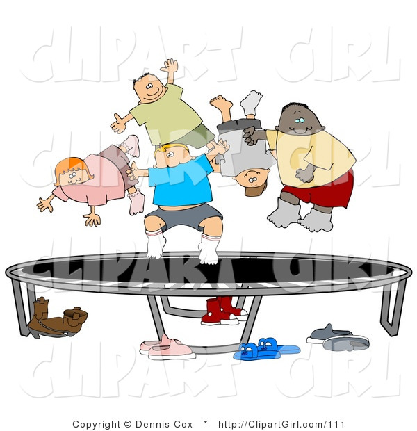 Clip Art of a Happy Multi-Ethnic and Multi-Gender Kids Jumping on a Trampoline Together While Playing