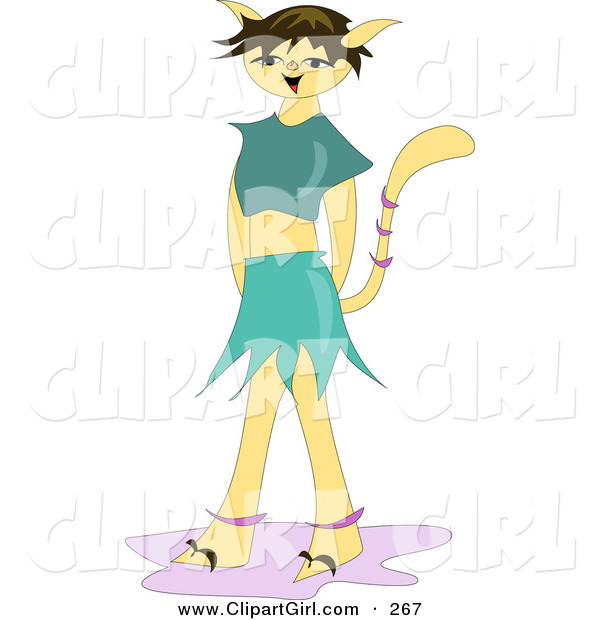 Clip Art of a Happy Part Cat, Part Human Girl with a Tail and Cat Ears