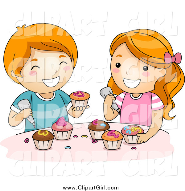 Clip Art of a Happy Red Haired White Boy and Girl Icing Cupcakes