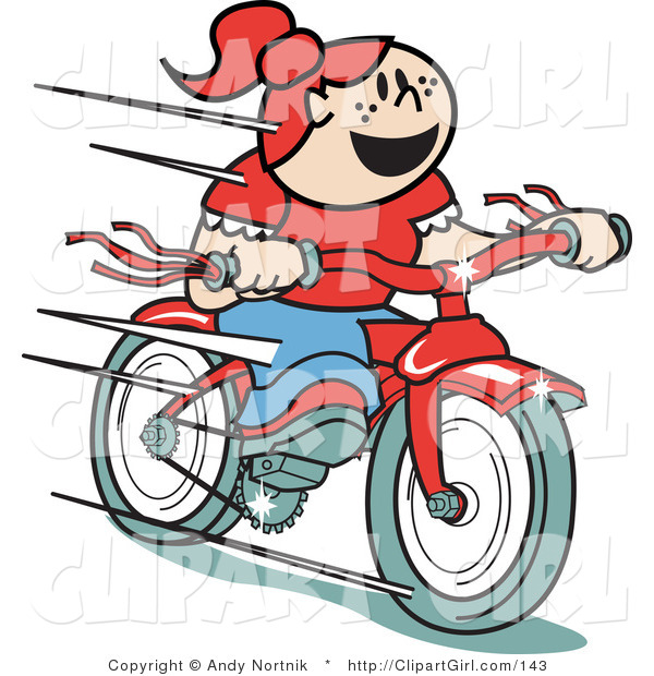 Clip Art of a Happy Red Headed Girl Speeding Downhill on Her Brand New Red Bike