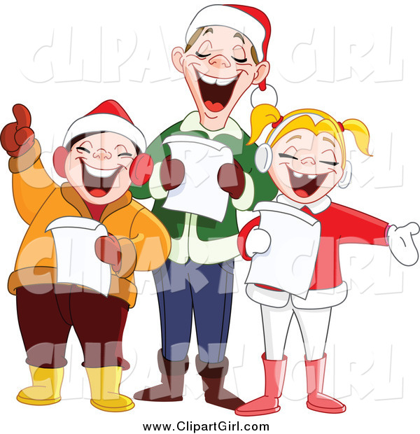 Clip Art of a Happy Singing Family at Christmas Time