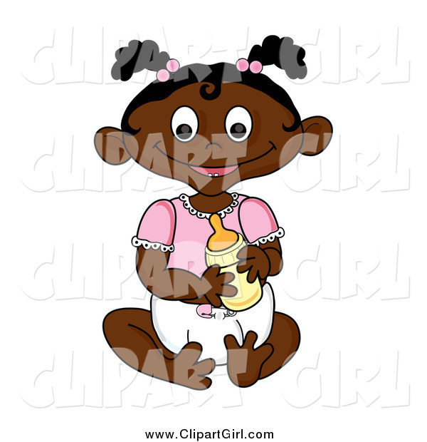 Clip Art of a Happy Sitting Black Baby Girl Holding a Bottle