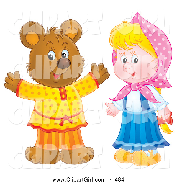 Clip Art of a Happy Smiling Bear in Clothes, Standing by a Little Blond Girl
