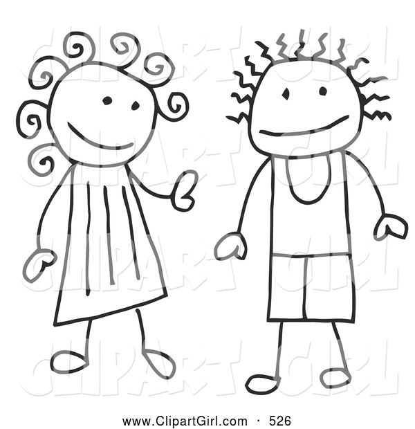 Clip Art of a Happy Stick Figure Boy and Girl