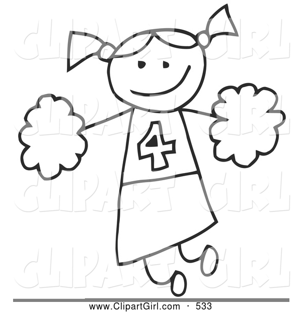 Clip Art of a Happy Stick Figure Cheerleader Girl Holding Pom Poms