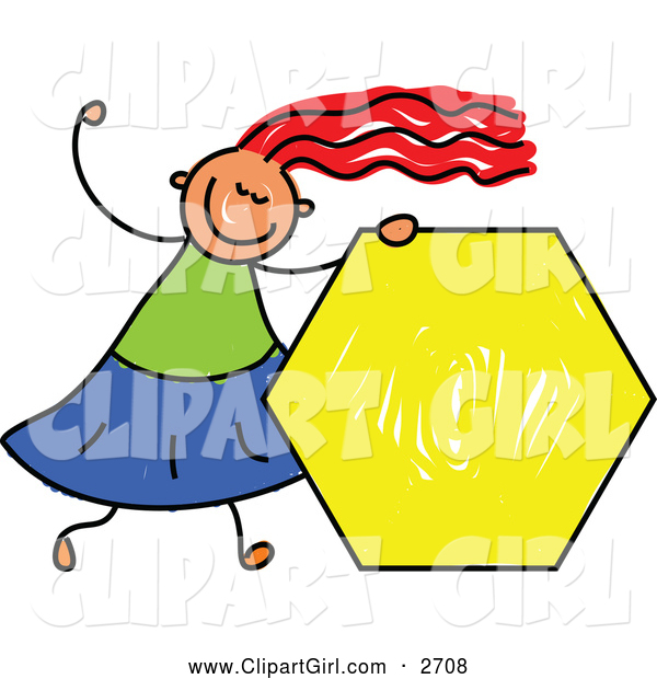 Clip Art of a Happy Stick Girl Holding a Yellow Hexagon