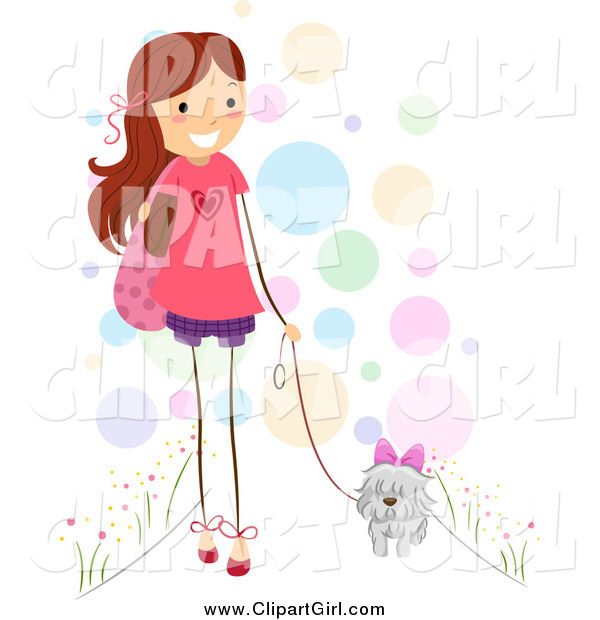 Clip Art of a Happy Stick Girl Walking Her Dog