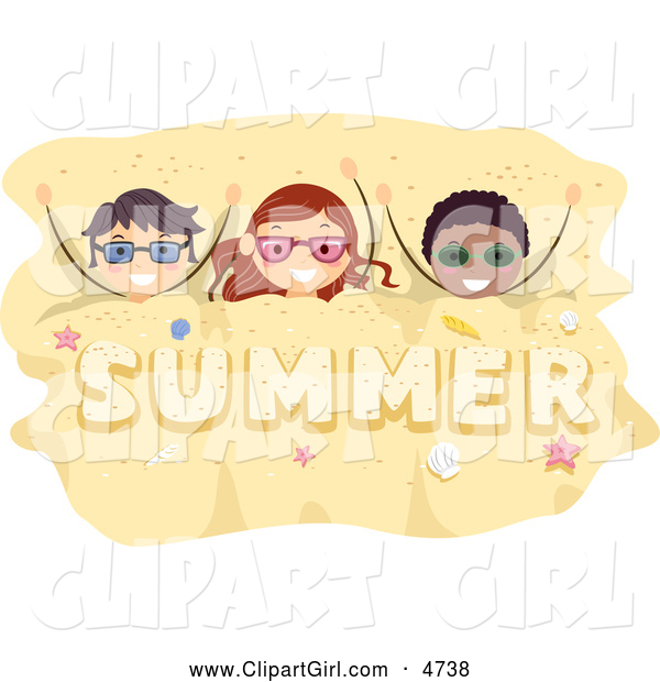 Clip Art of a Happy Stick Kids Buried in Summer Sand