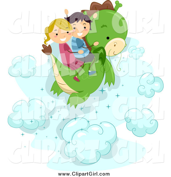 Clip Art of a Happy Stick Kids Flying on a Dragon