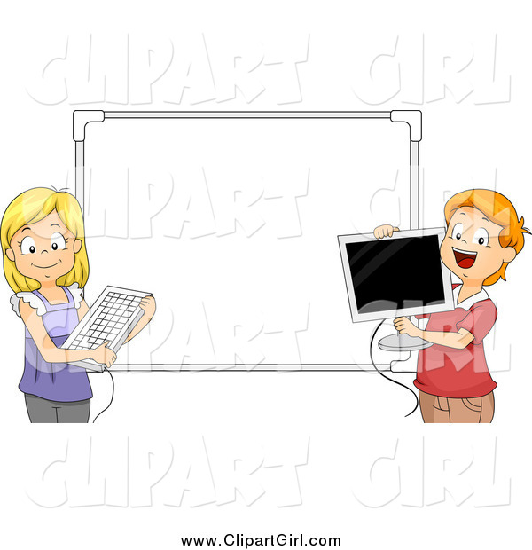 Clip Art of a Happy Students Holding a Computer Keyboard and Monitor Against a White Board