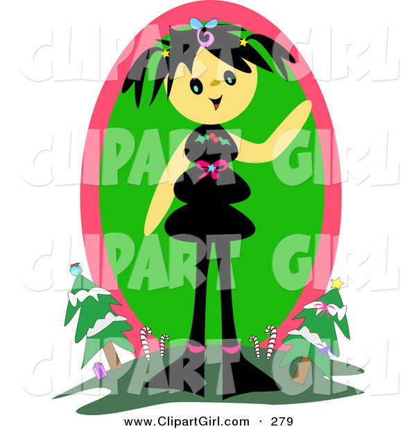 Clip Art of a Happy Tan Girl with Black Hair, Standing on a Hill and Waving with Christmas Trees and Candy Canes in the Background