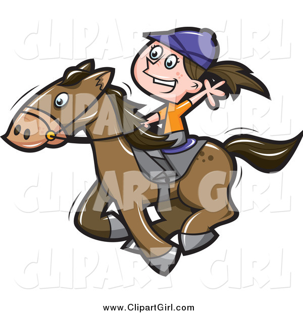 Clip Art of a Happy White Girl Riding a Horse