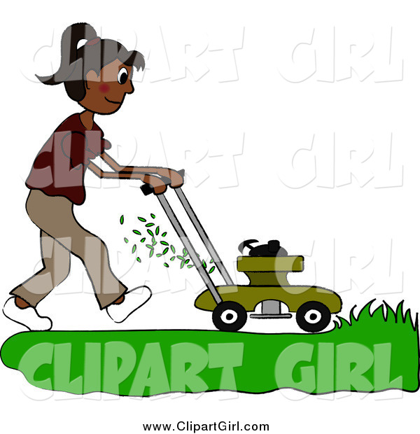 Clip Art of a Hispanic Woman Mowing a Lawn with a Mower