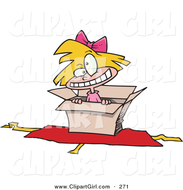 Clip Art of a Hyper Little Blond White Girl Inside an Open Box with Opened Wrapping Paper Underneath