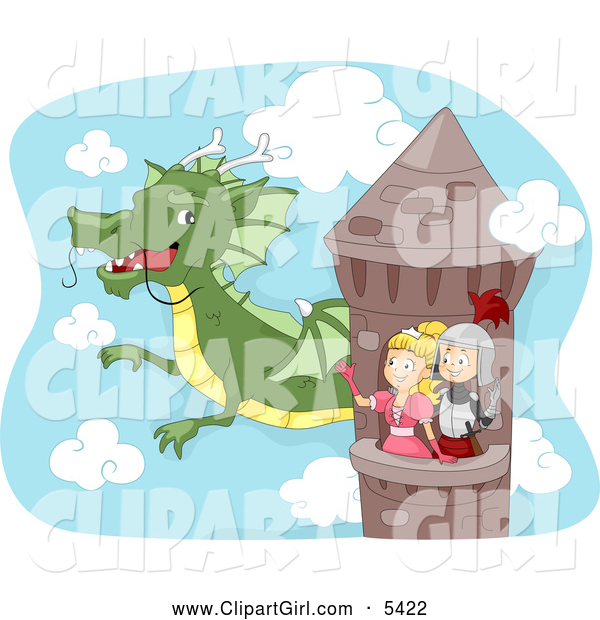 Clip Art of a Knight and Princess in a Tower, Waving to a Dragon